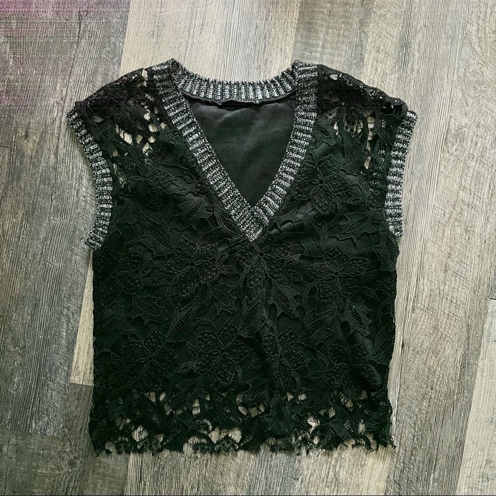 Zara | Black Lace V-Neck Top Knit Trim